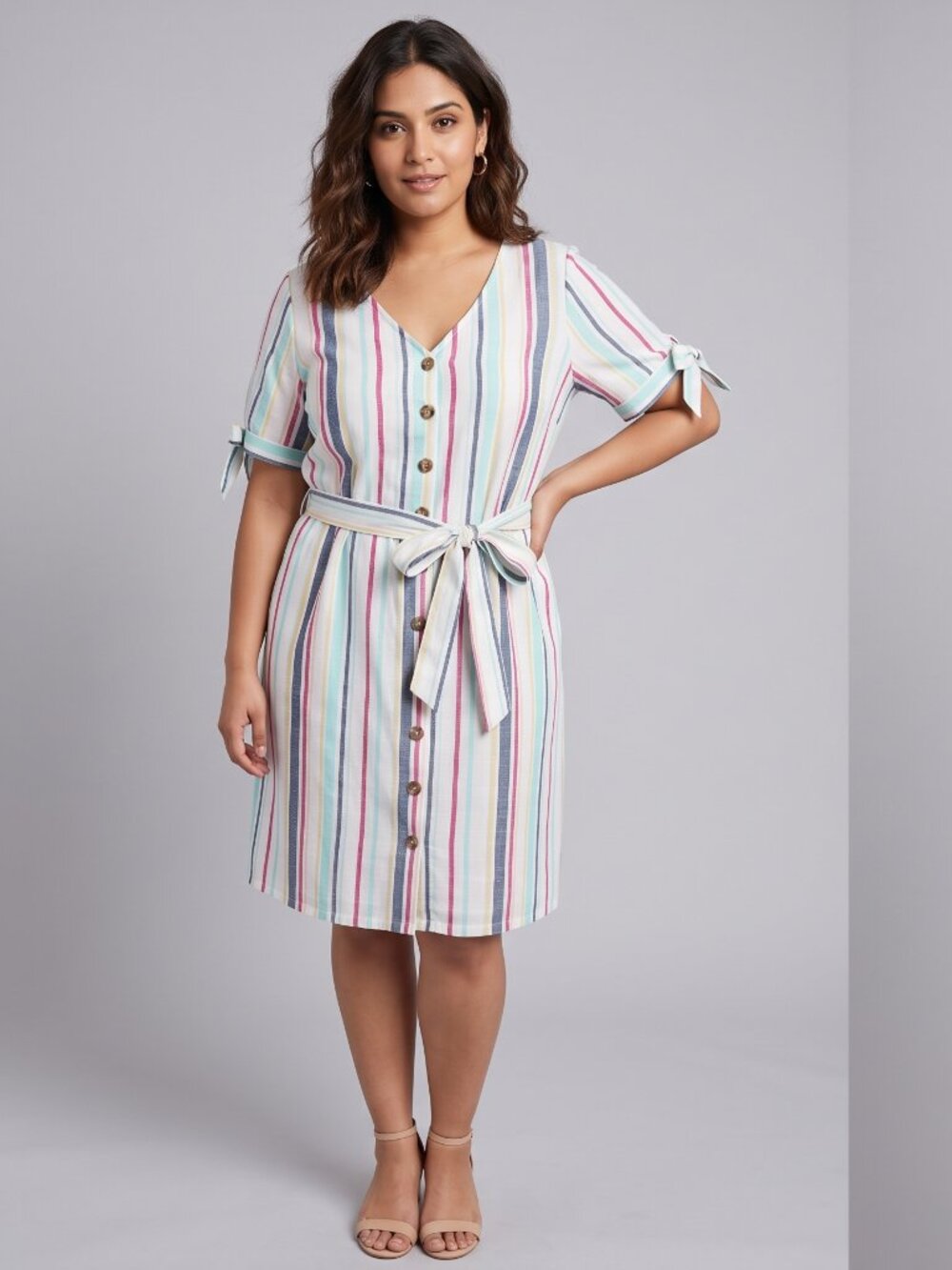 NWT Jennifer Grace Multicolor Striped Button-Front Belted Dress, Size L
